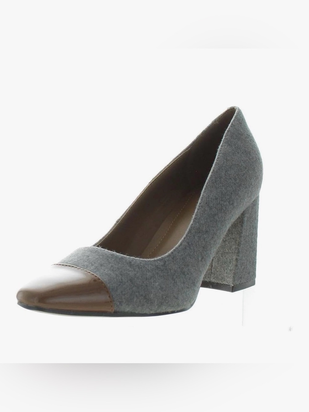 Marc Fisher Gray Felt Block Heel Pump with Brown Cap Toe